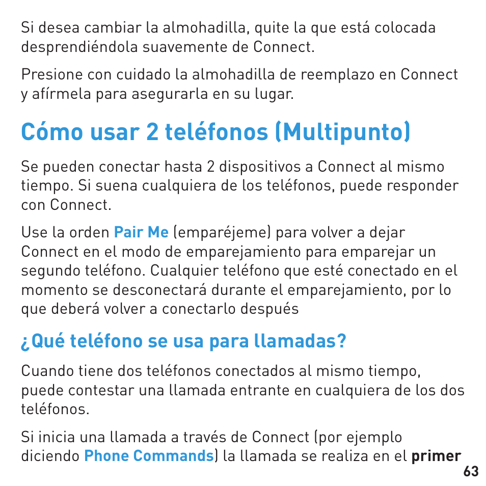 Cómo usar 2 teléfonos (multipunto), Qué teléfono se usa para llamadas | BlueAnt CONNECT Bluetooth Earpiece User Manual | Page 63 / 76