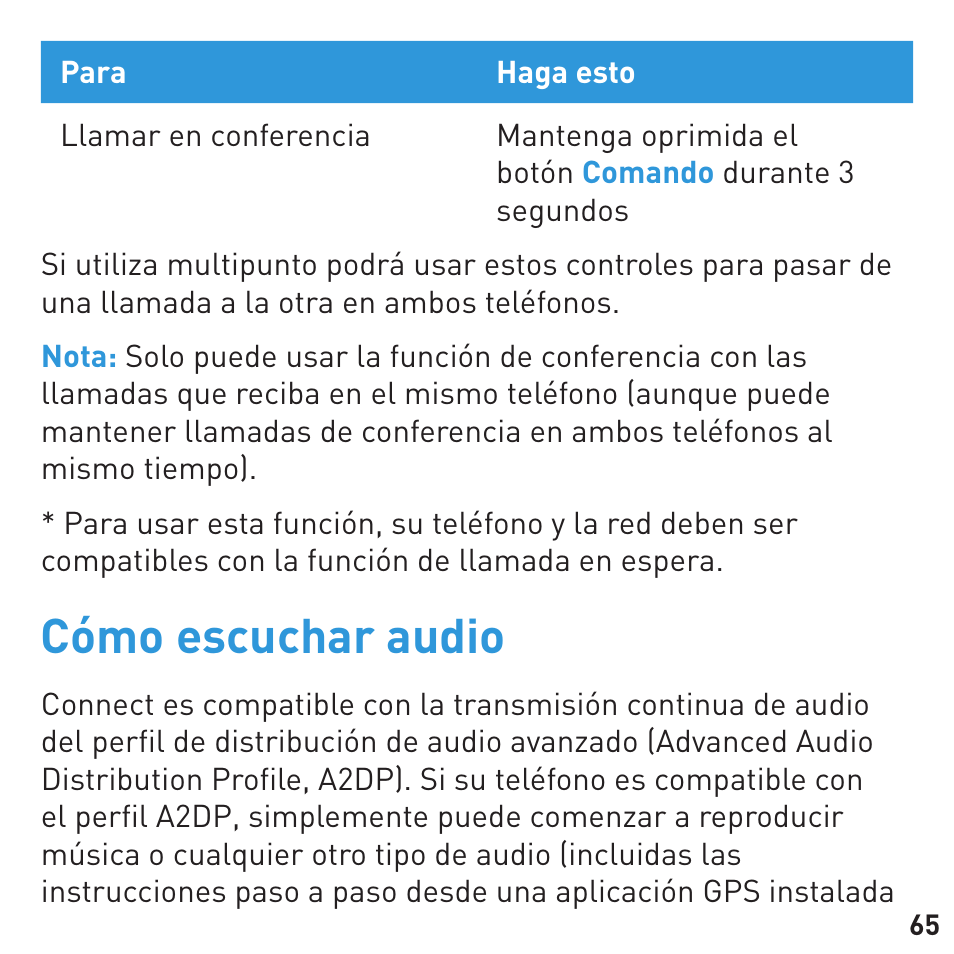 Cómo escuchar audio | BlueAnt CONNECT Bluetooth Earpiece User Manual | Page 65 / 76