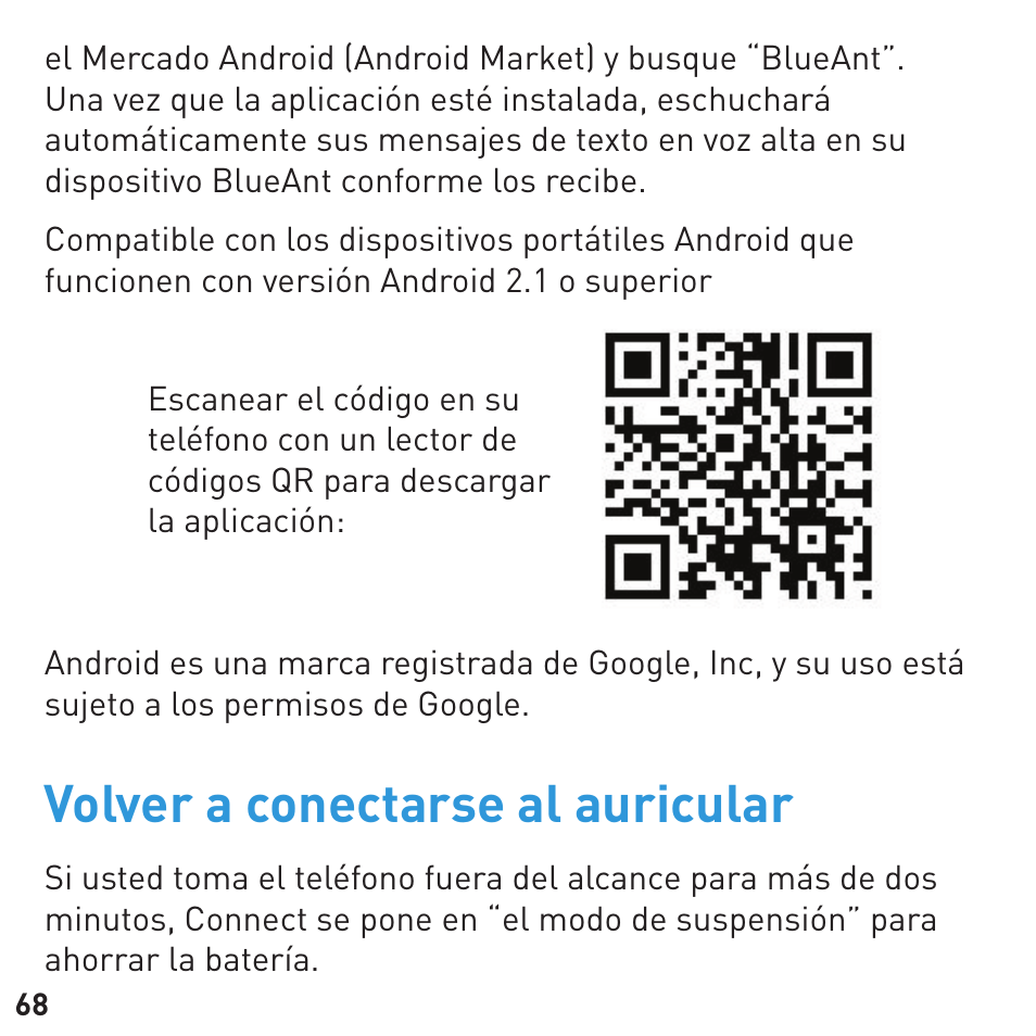 Volver a conectarse al auricular | BlueAnt CONNECT Bluetooth Earpiece User Manual | Page 68 / 76