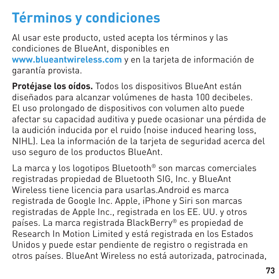 Términos y condiciones | BlueAnt CONNECT Bluetooth Earpiece User Manual | Page 73 / 76