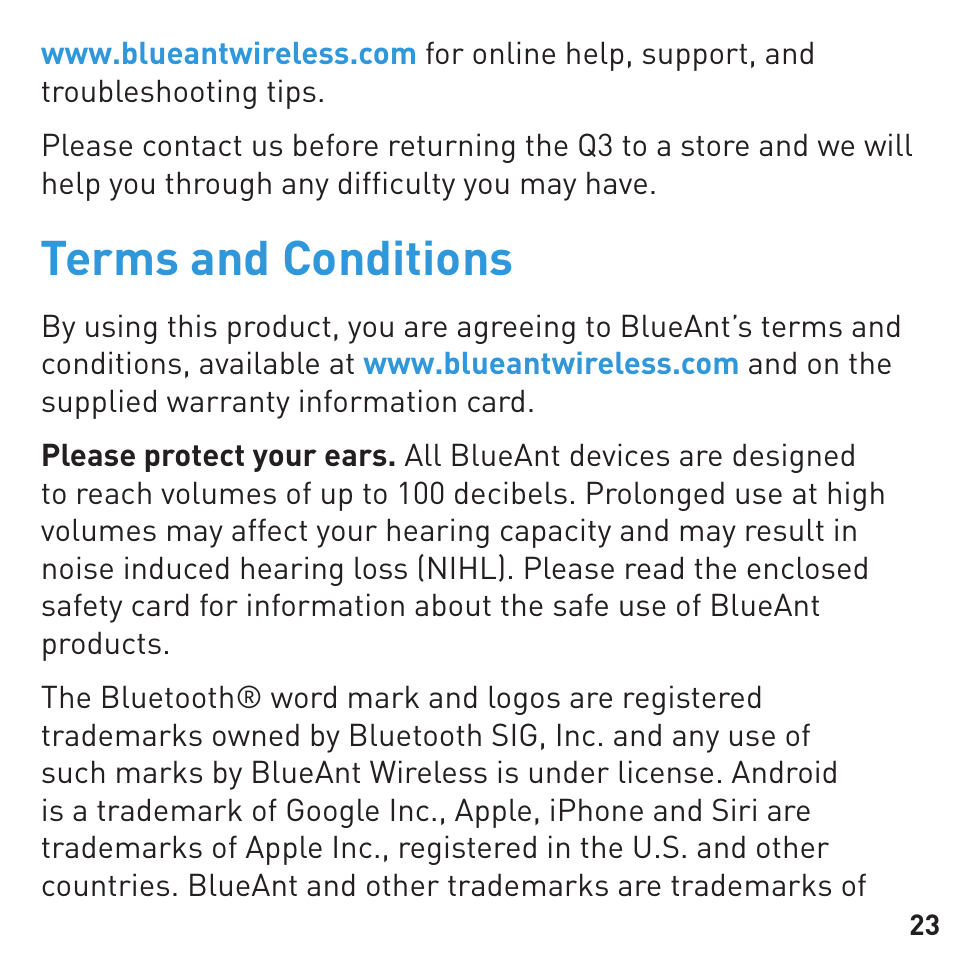 Terms and conditions | BlueAnt Q3 Premium Smartphone Earpiece User Manual | Page 23 / 28