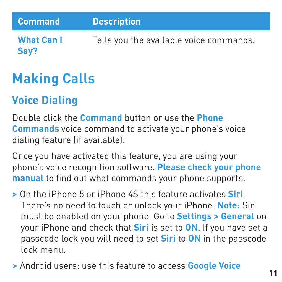 Making calls, Voice dialing | BlueAnt Q3 Premium Smartphone Earpiece User Manual | Page 11 / 80