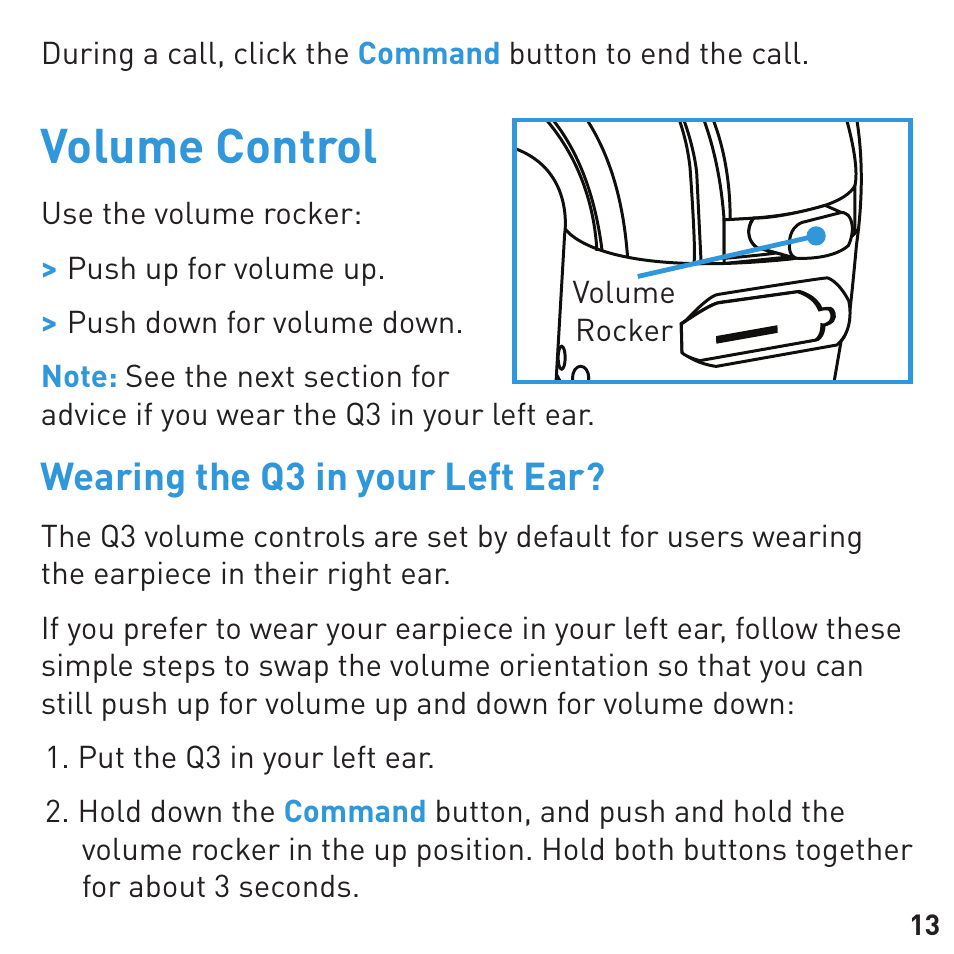 Volume control, Wearing the q3 in your left ear | BlueAnt Q3 Premium Smartphone Earpiece User Manual | Page 13 / 80