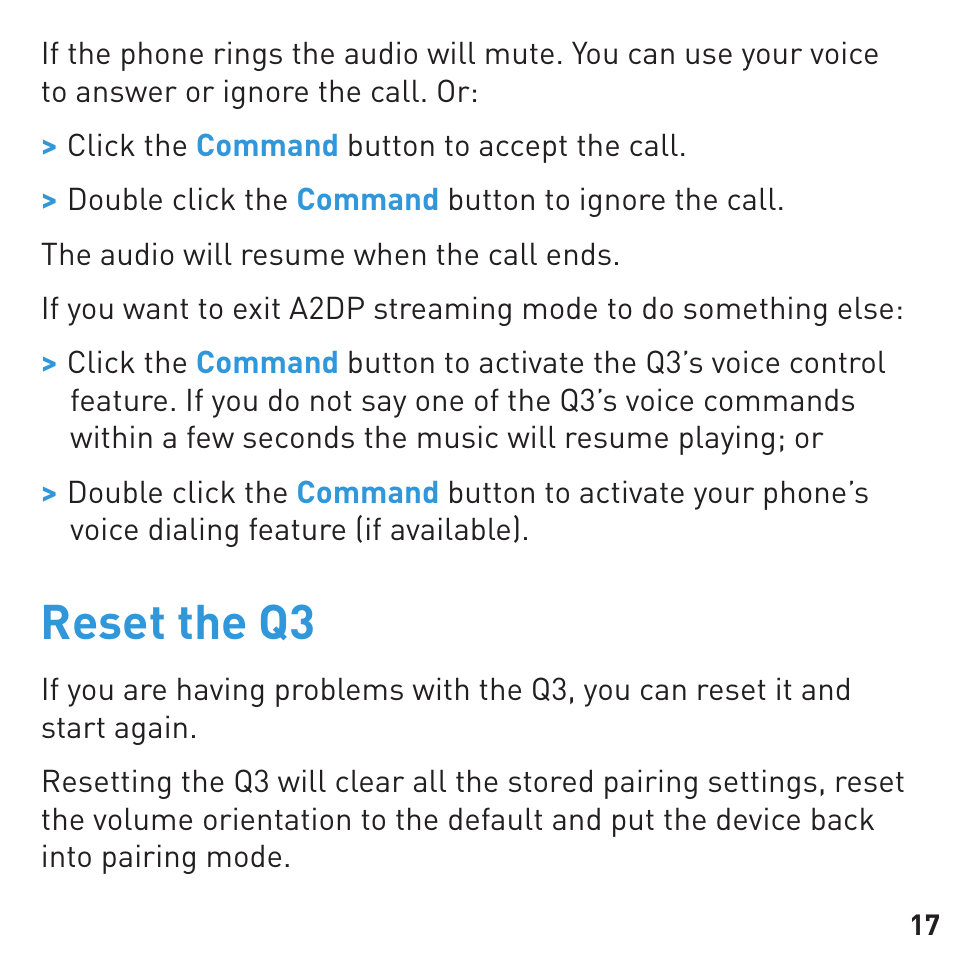 Reset the q3 | BlueAnt Q3 Premium Smartphone Earpiece User Manual | Page 17 / 80