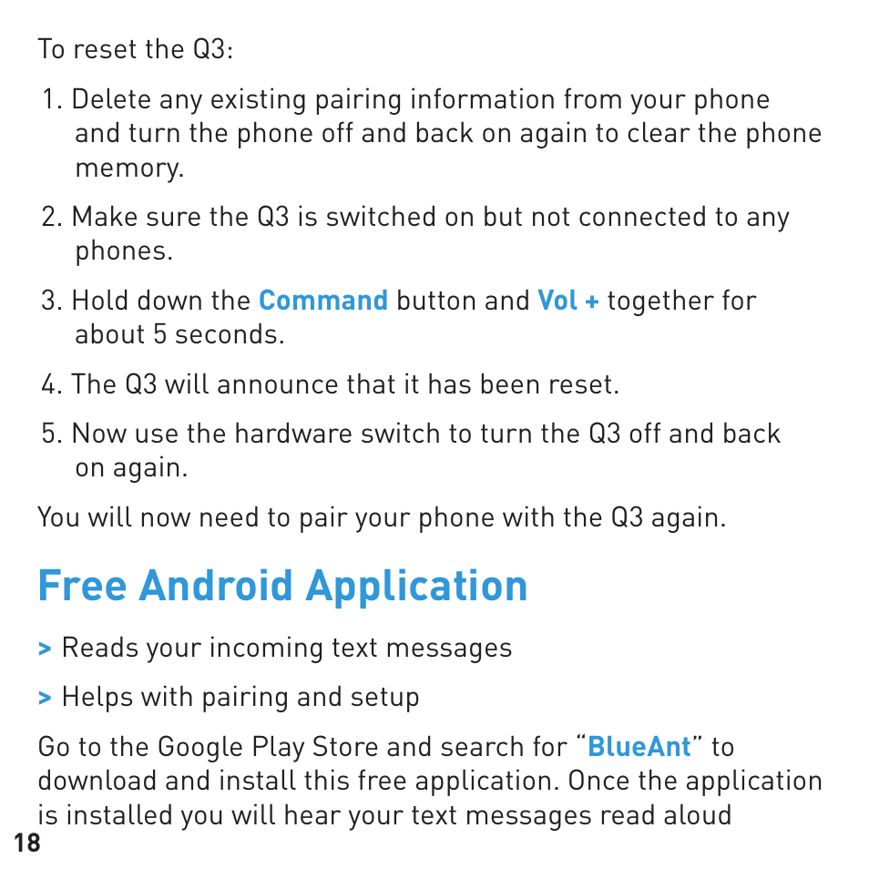 Free android application | BlueAnt Q3 Premium Smartphone Earpiece User Manual | Page 18 / 80