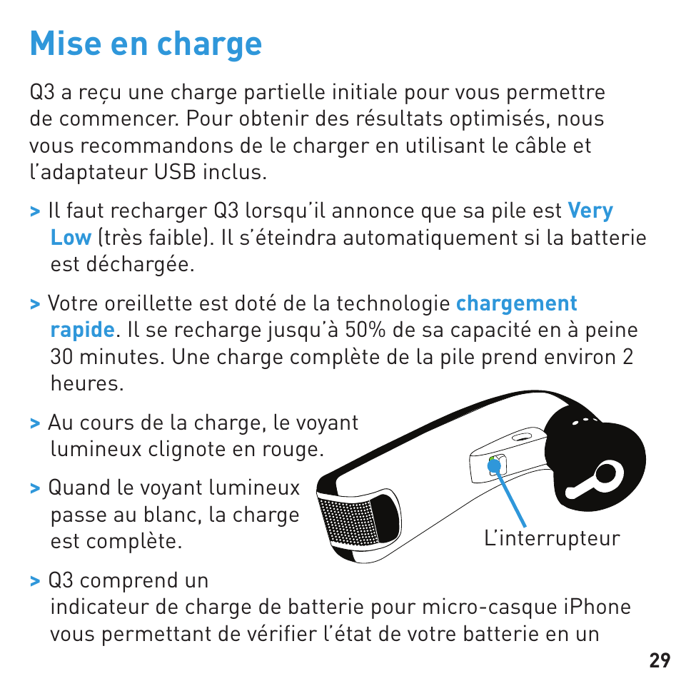 Mise en charge | BlueAnt Q3 Premium Smartphone Earpiece User Manual | Page 29 / 80
