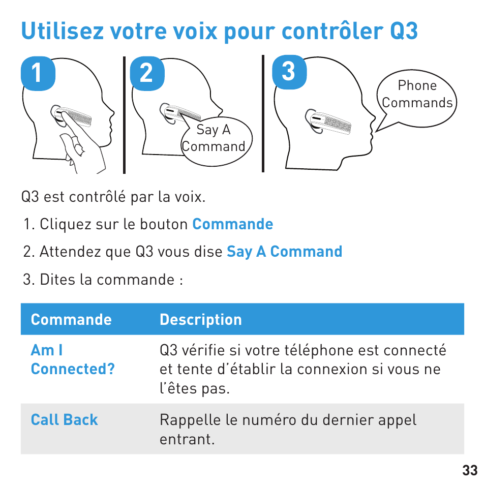 Utilisez votre voix pour contrôler q3 | BlueAnt Q3 Premium Smartphone Earpiece User Manual | Page 33 / 80