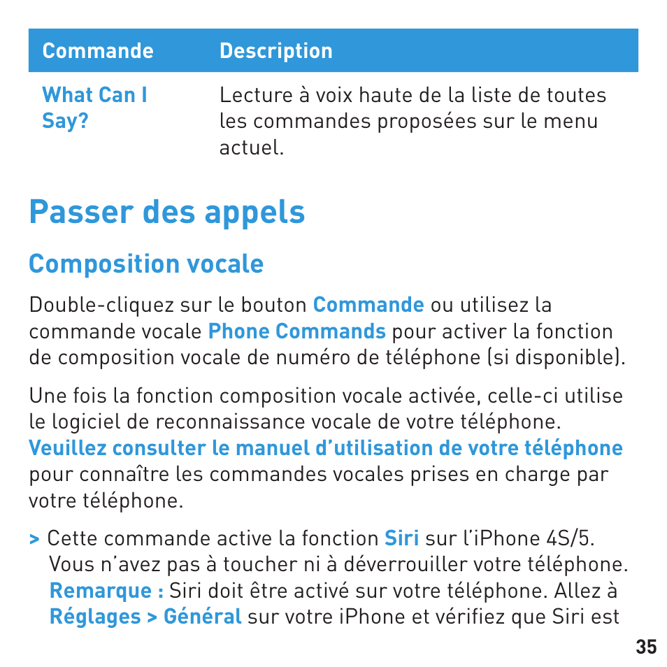 Passer des appels, Composition vocale | BlueAnt Q3 Premium Smartphone Earpiece User Manual | Page 35 / 80
