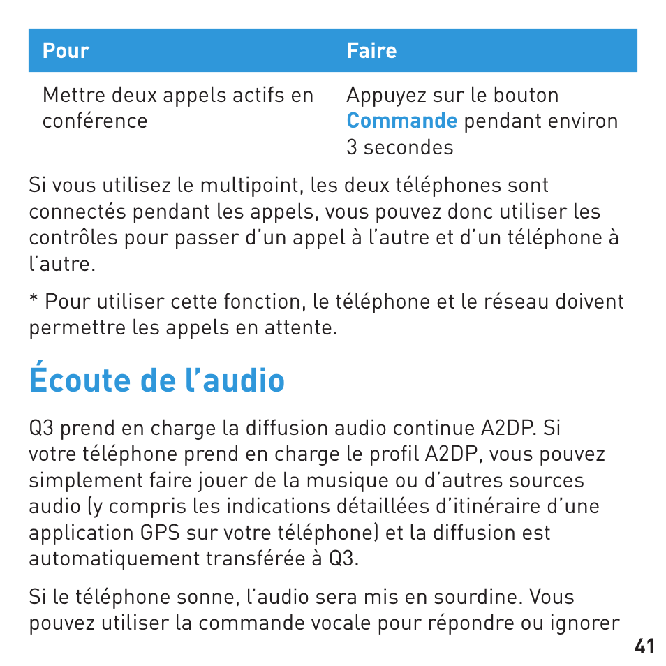 Écoute de l’audio | BlueAnt Q3 Premium Smartphone Earpiece User Manual | Page 41 / 80