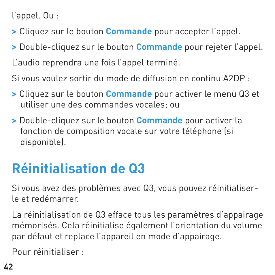Réinitialisation de q3 | BlueAnt Q3 Premium Smartphone Earpiece User Manual | Page 42 / 80