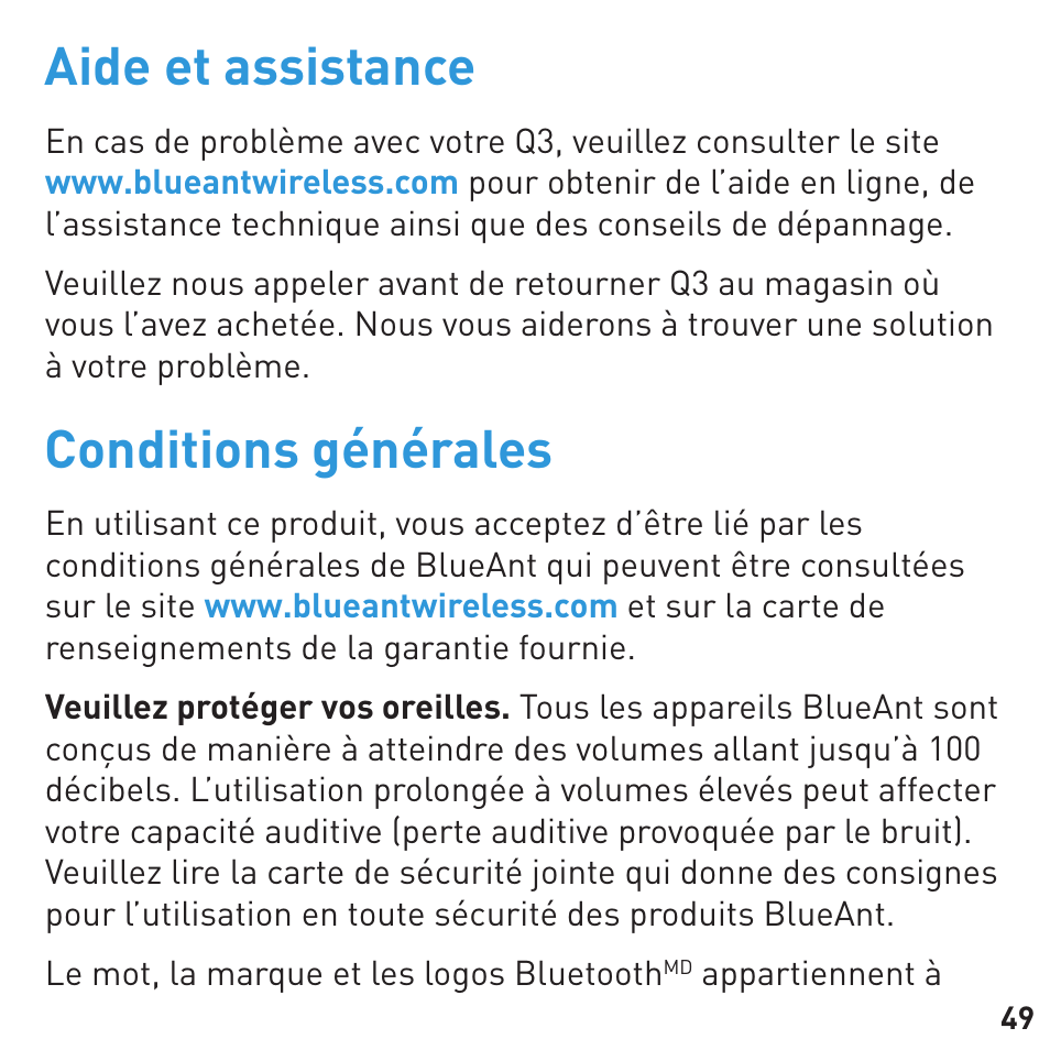 Aide et assistance, Conditions générales | BlueAnt Q3 Premium Smartphone Earpiece User Manual | Page 49 / 80