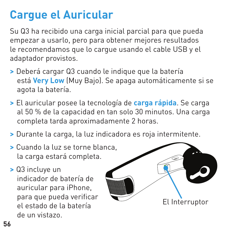 Cargue el auricular | BlueAnt Q3 Premium Smartphone Earpiece User Manual | Page 56 / 80