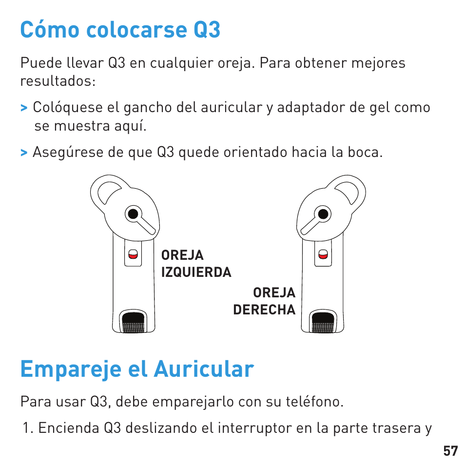 Cómo colocarse q3, Empareje el auricular | BlueAnt Q3 Premium Smartphone Earpiece User Manual | Page 57 / 80