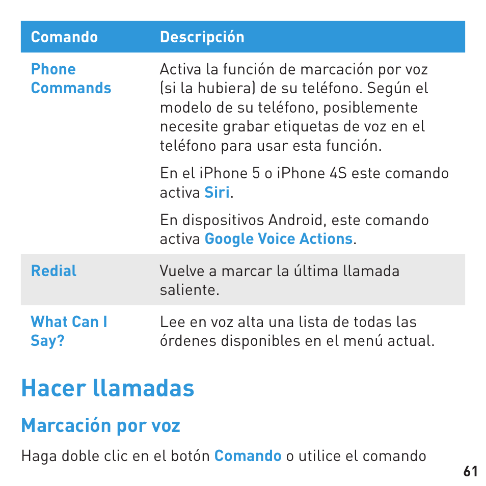 Hacer llamadas, Marcación por voz | BlueAnt Q3 Premium Smartphone Earpiece User Manual | Page 61 / 80
