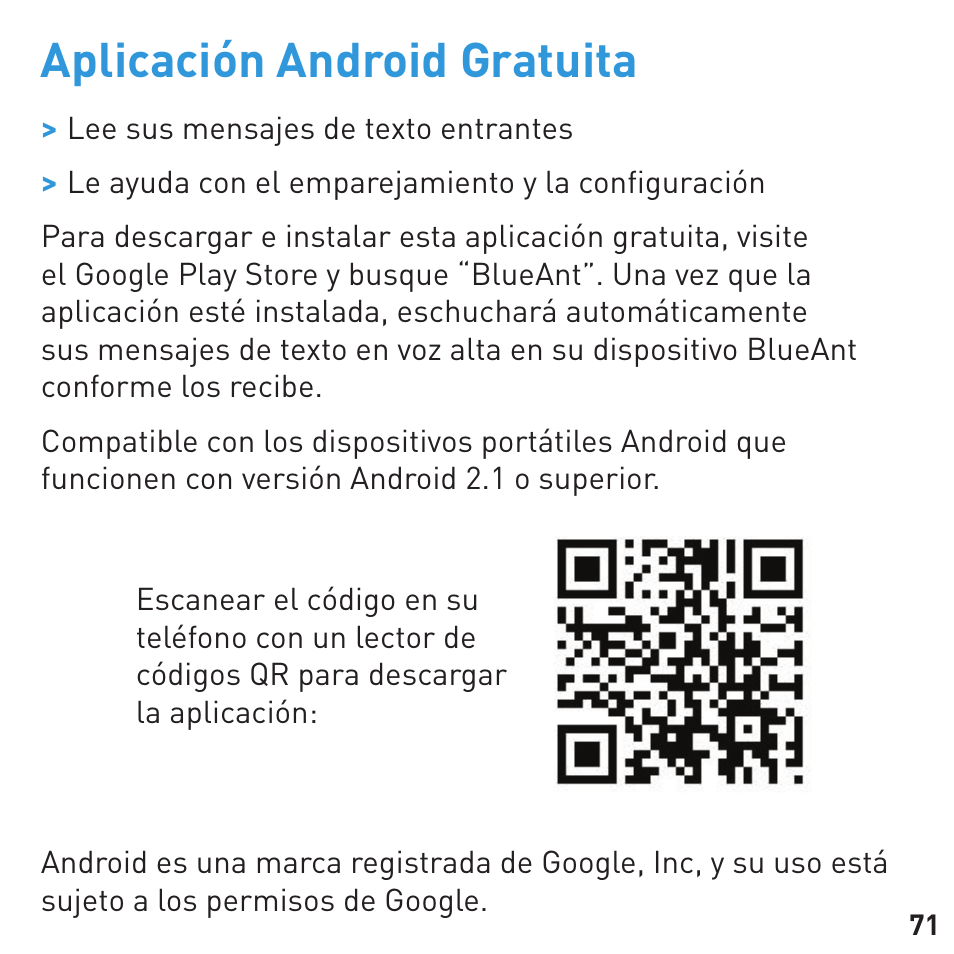 Aplicación android gratuita | BlueAnt Q3 Premium Smartphone Earpiece User Manual | Page 71 / 80