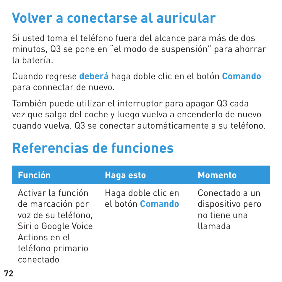 Volver a conectarse al auricular, Referencias de funciones | BlueAnt Q3 Premium Smartphone Earpiece User Manual | Page 72 / 80
