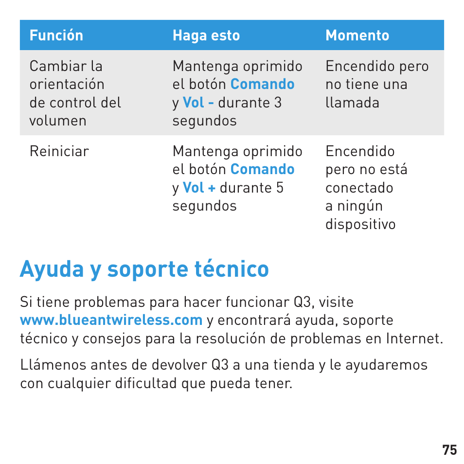 Ayuda y soporte técnico | BlueAnt Q3 Premium Smartphone Earpiece User Manual | Page 75 / 80
