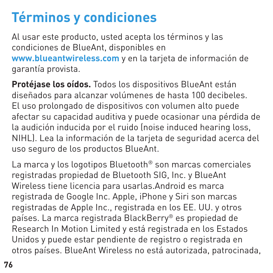 Términos y condiciones | BlueAnt Q3 Premium Smartphone Earpiece User Manual | Page 76 / 80