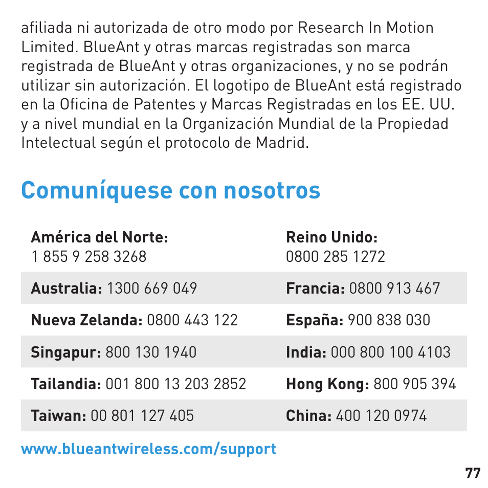 Comuníquese con nosotros | BlueAnt Q3 Premium Smartphone Earpiece User Manual | Page 77 / 80