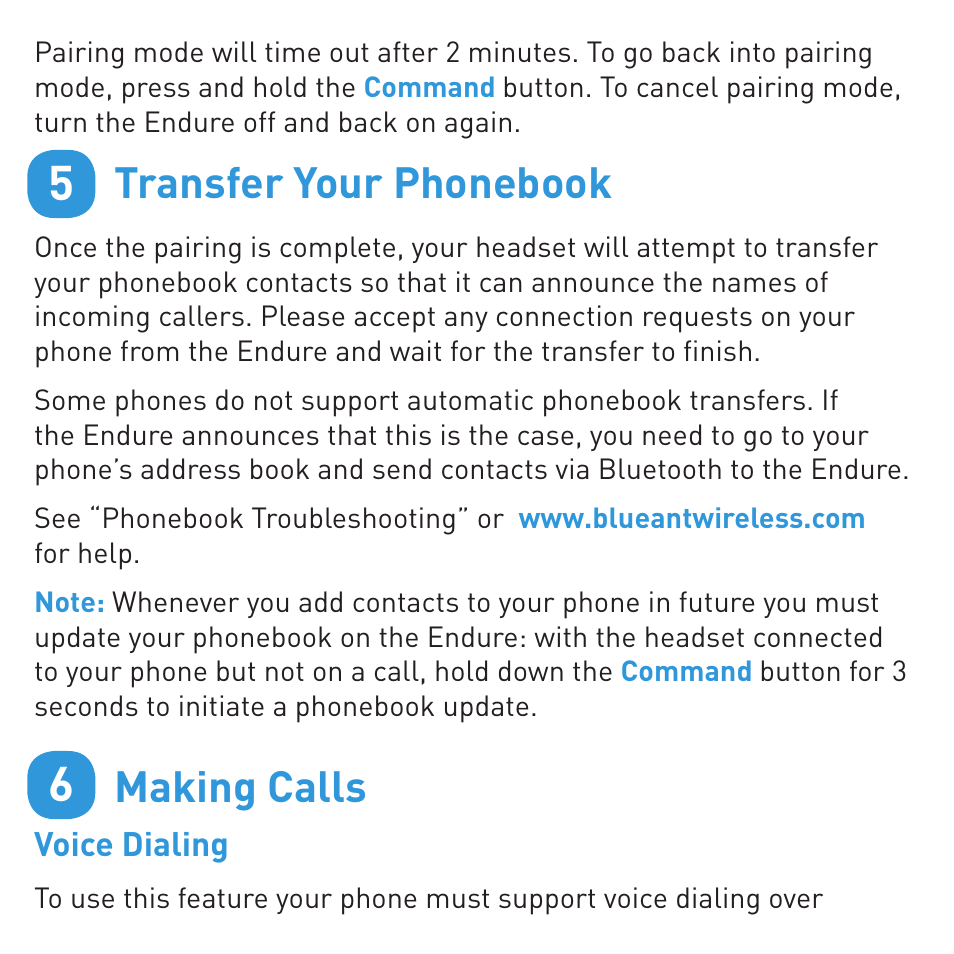 Transfer your phonebook, Making calls | BlueAnt ENDURE Rugged Bluetooth Earpiece User Manual | Page 5 / 16