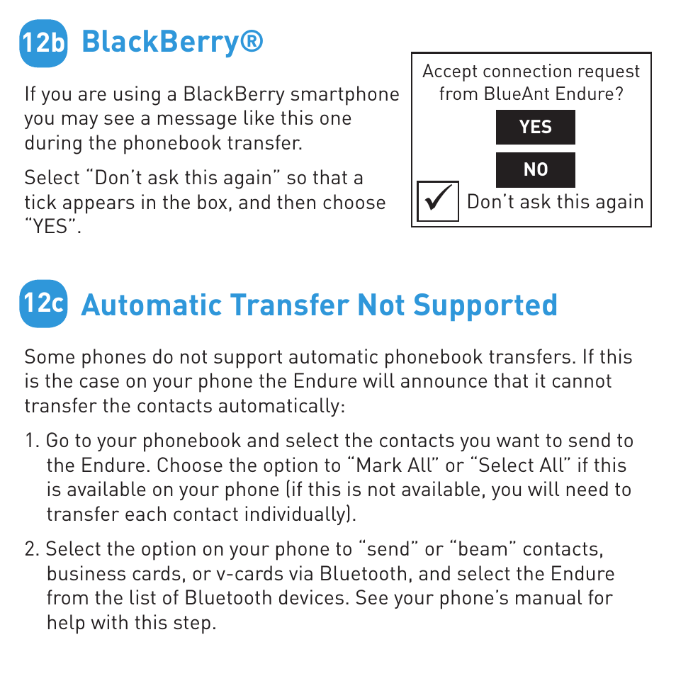 Blackberry, Automatic transfer not supported, 12b 12c | BlueAnt ENDURE Rugged Bluetooth Earpiece User Manual | Page 11 / 44