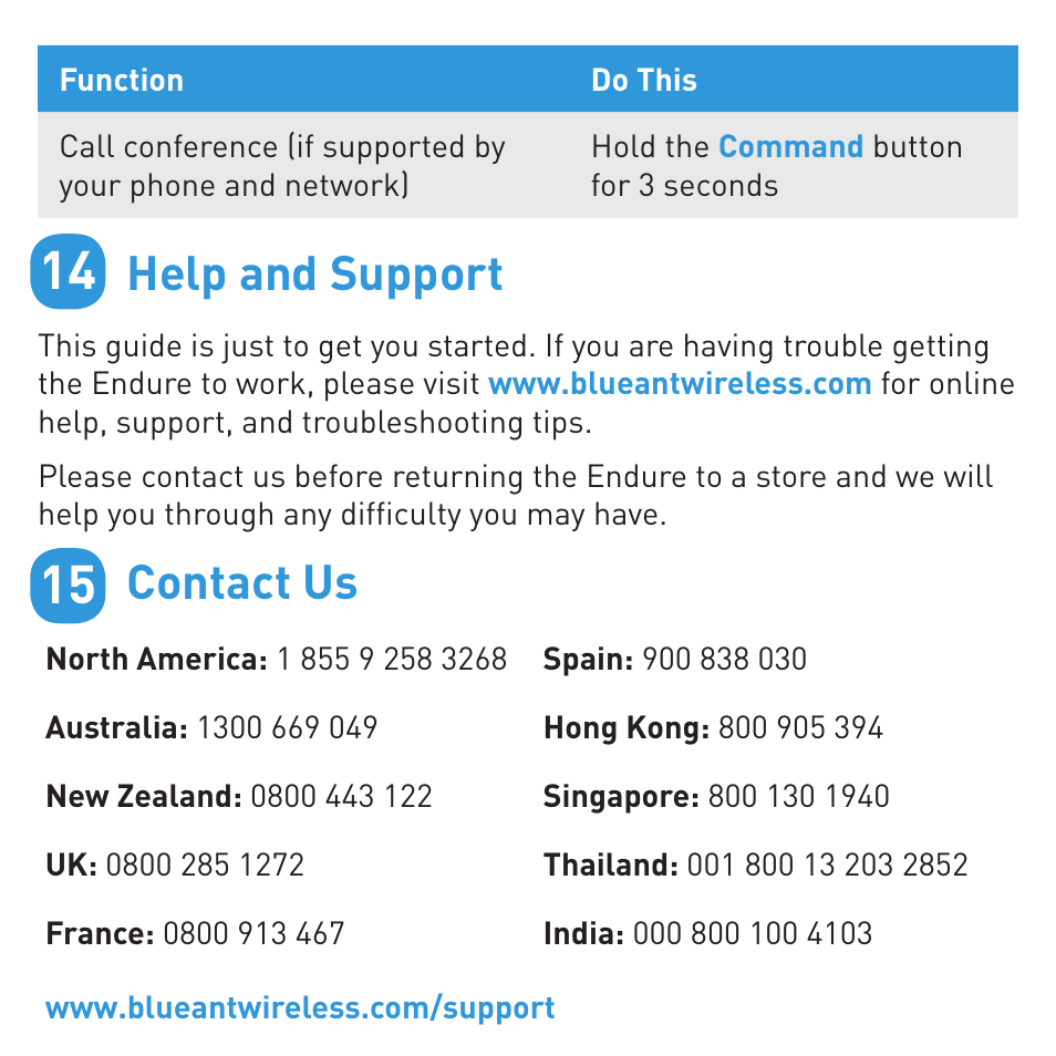 Help and support, Contact us | BlueAnt ENDURE Rugged Bluetooth Earpiece User Manual | Page 14 / 44