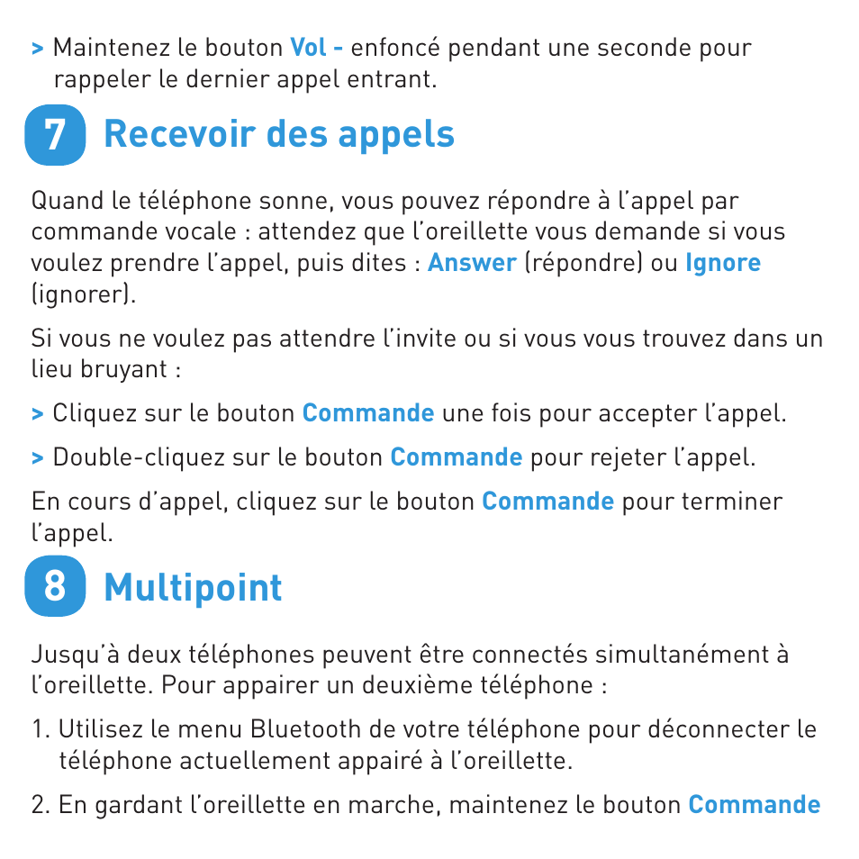 Recevoir des appels, Multipoint | BlueAnt ENDURE Rugged Bluetooth Earpiece User Manual | Page 20 / 44