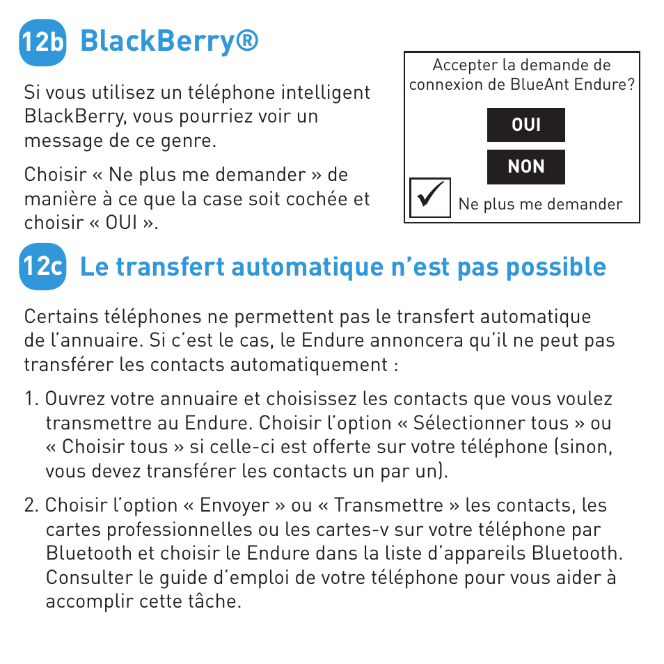 Blackberry, Le transfert automatique n’est pas possible, 12b 12c | BlueAnt ENDURE Rugged Bluetooth Earpiece User Manual | Page 25 / 44
