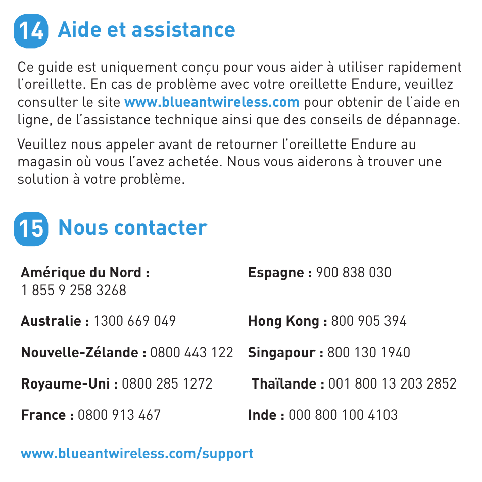 Aide et assistance, Nous contacter | BlueAnt ENDURE Rugged Bluetooth Earpiece User Manual | Page 29 / 44