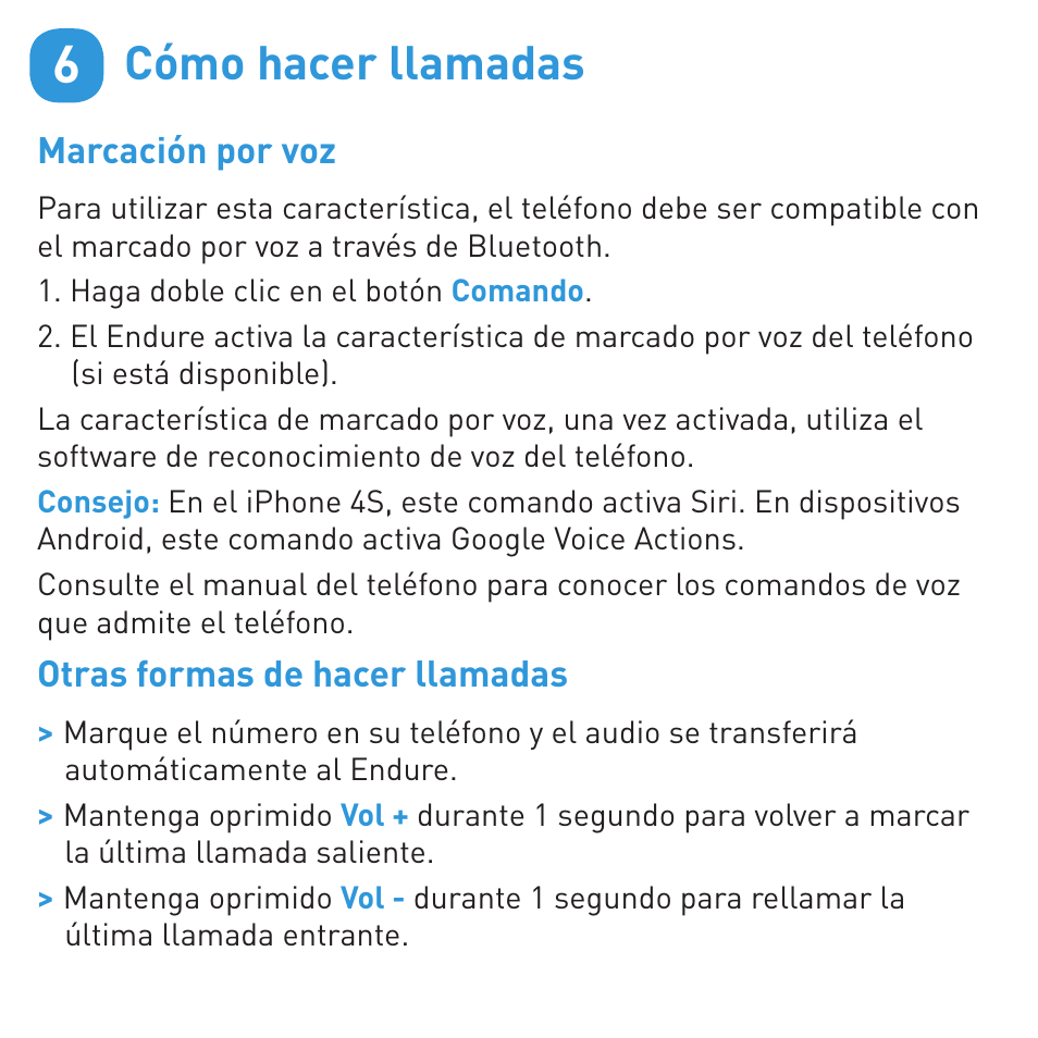 Cómo hacer llamadas | BlueAnt ENDURE Rugged Bluetooth Earpiece User Manual | Page 34 / 44