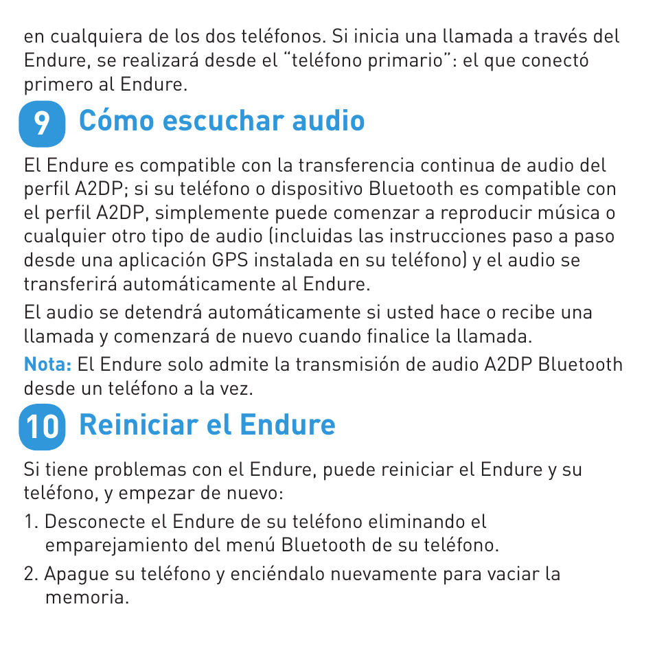 Cómo escuchar audio, Reiniciar el endure | BlueAnt ENDURE Rugged Bluetooth Earpiece User Manual | Page 36 / 44