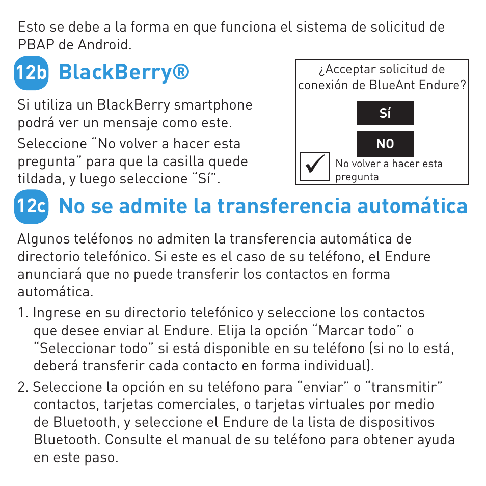 Blackberry, No se admite la transferencia automática, 12b 12c | BlueAnt ENDURE Rugged Bluetooth Earpiece User Manual | Page 39 / 44