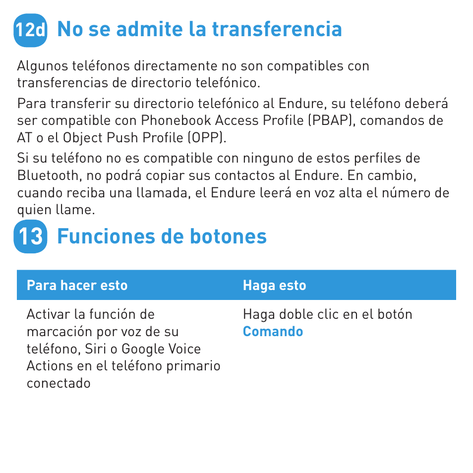 No se admite la transferencia, Funciones de botones | BlueAnt ENDURE Rugged Bluetooth Earpiece User Manual | Page 40 / 44