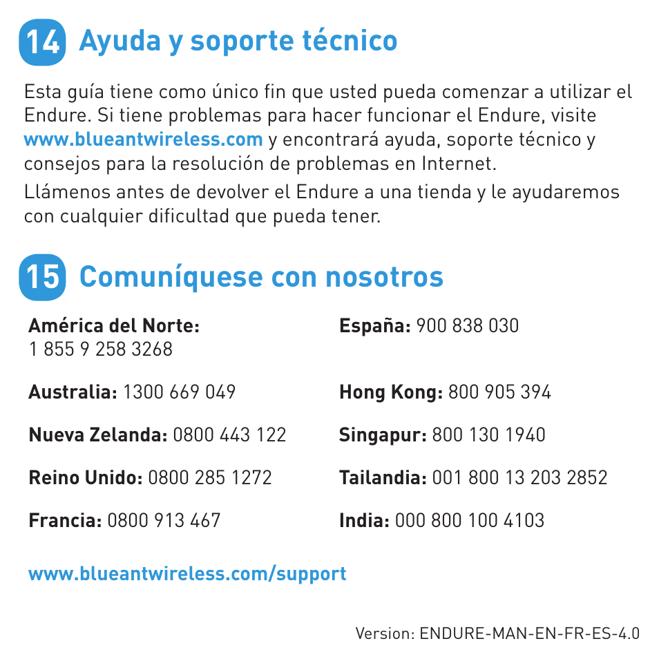 Ayuda y soporte técnico, Comuníquese con nosotros | BlueAnt ENDURE Rugged Bluetooth Earpiece User Manual | Page 43 / 44