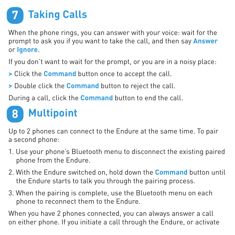 Taking calls, Multipoint | BlueAnt ENDURE Rugged Bluetooth Earpiece User Manual | Page 7 / 44