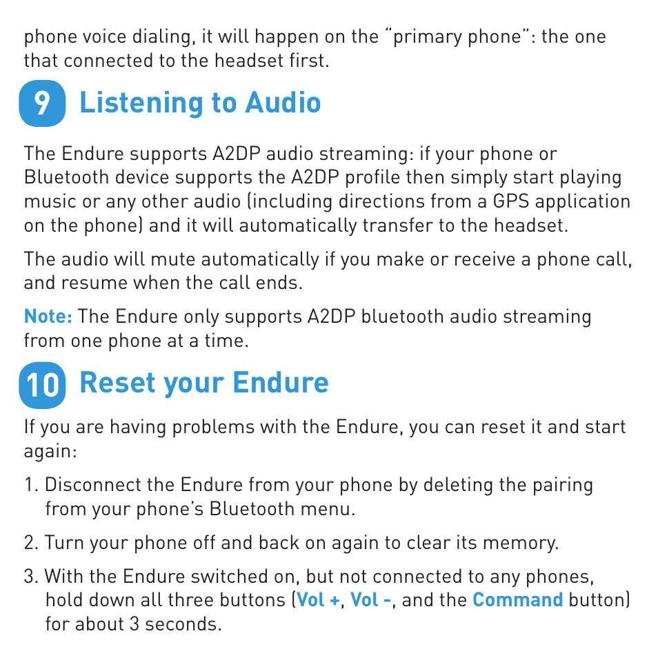 Listening to audio, Reset your endure | BlueAnt ENDURE Rugged Bluetooth Earpiece User Manual | Page 8 / 44