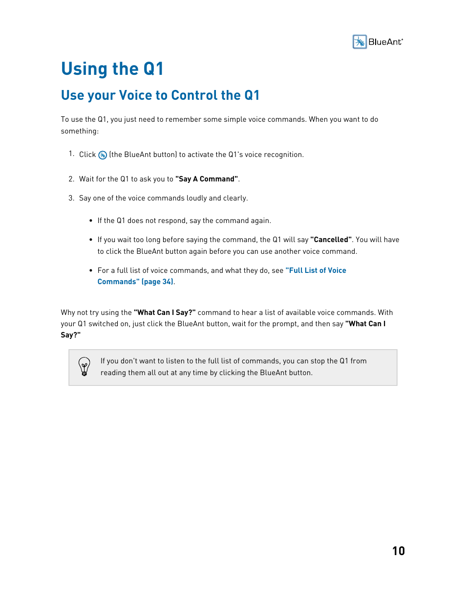 Using the q1, Use your voice to control the q1, Q1 overview: buttons and microphones | BlueAnt Q1 Voice Controlled Headset User Manual | Page 10 / 42