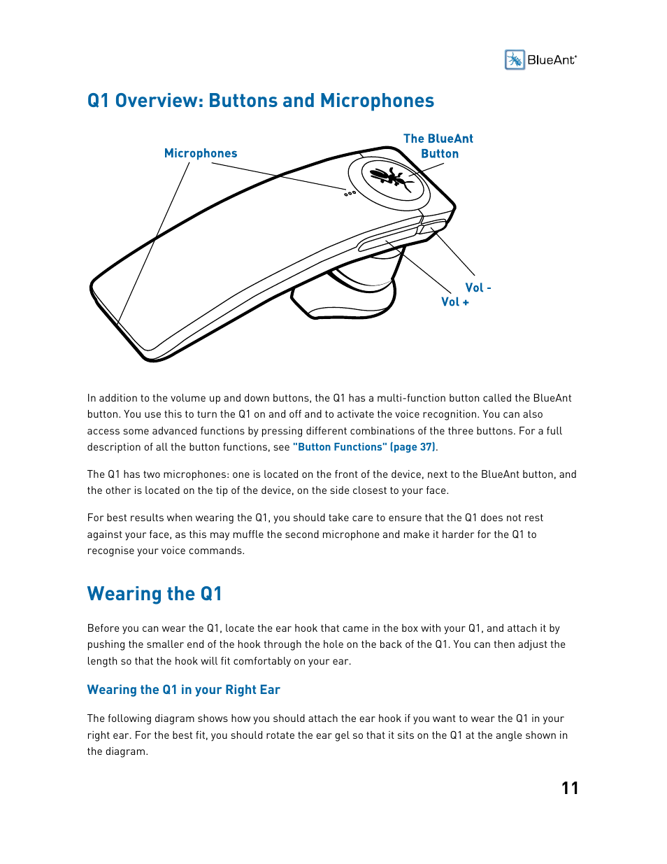 Wearing the q1, Wearing the, Q1 overview: buttons and microphones | BlueAnt Q1 Voice Controlled Headset User Manual | Page 11 / 42
