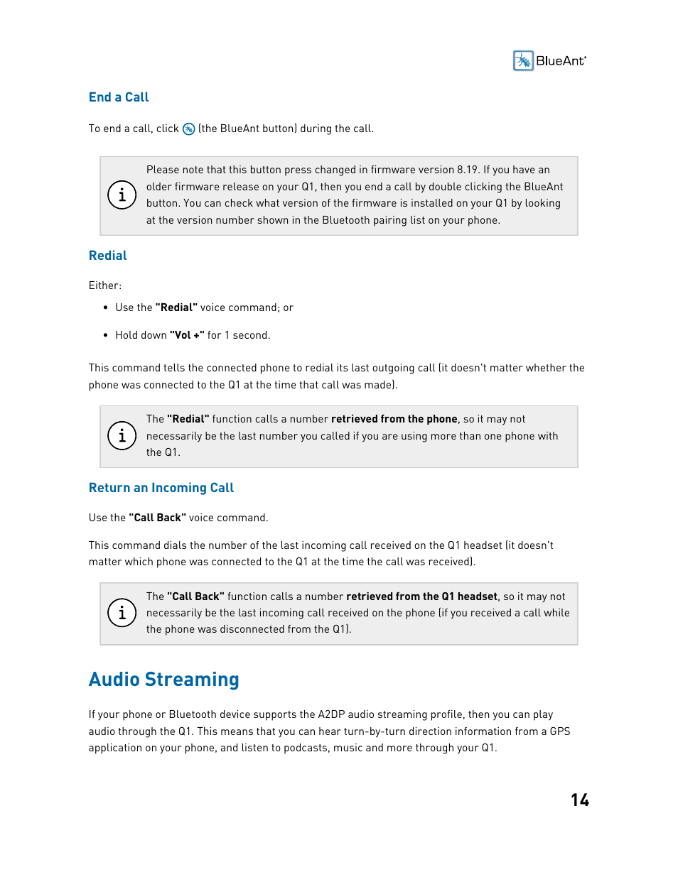 Audio streaming | BlueAnt Q1 Voice Controlled Headset User Manual | Page 14 / 42