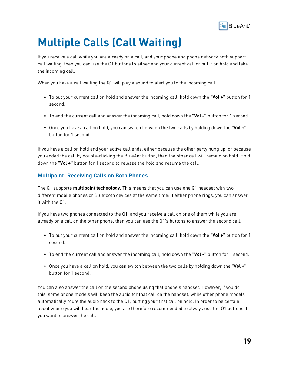 Multiple calls (call waiting) | BlueAnt Q1 Voice Controlled Headset User Manual | Page 19 / 42