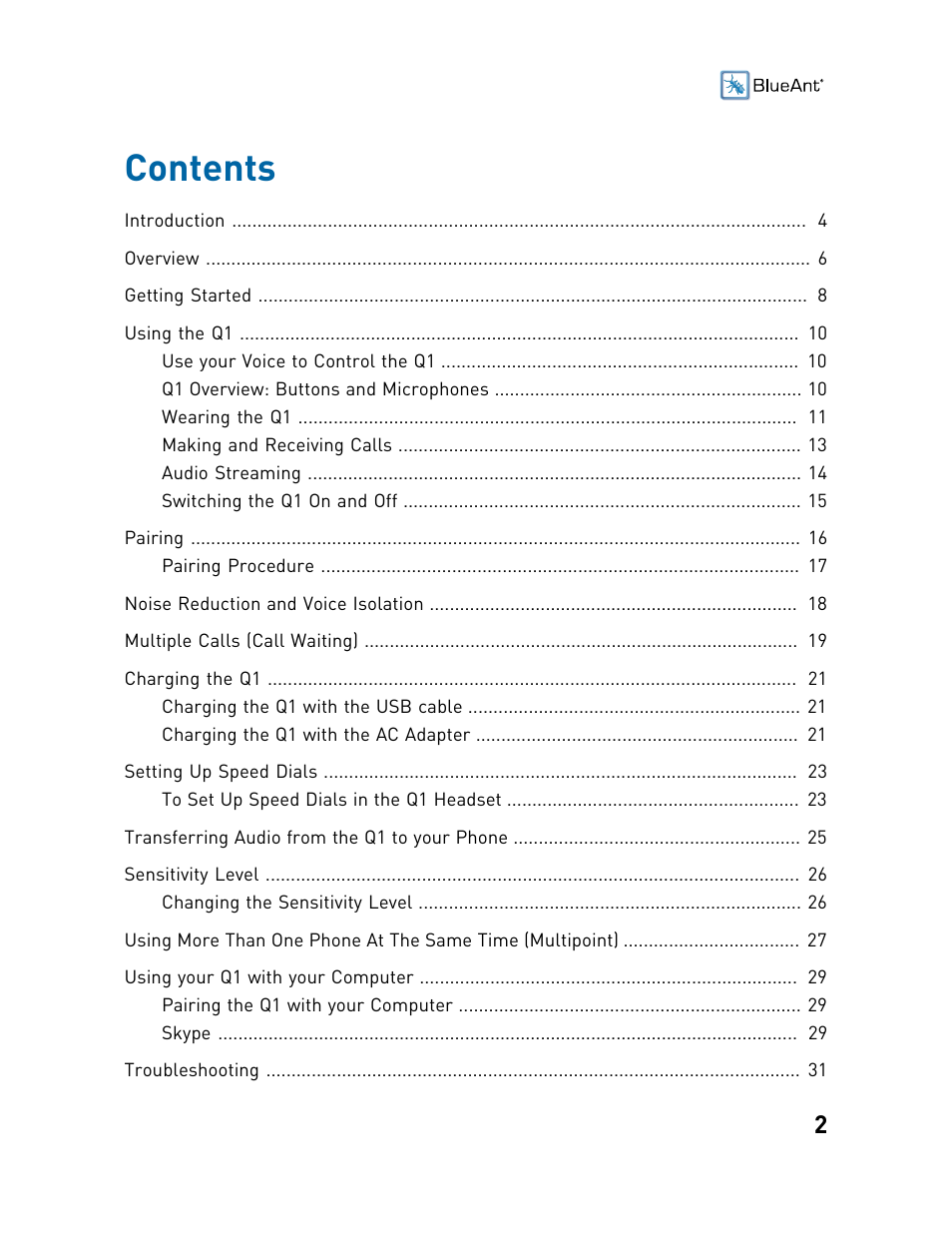 BlueAnt Q1 Voice Controlled Headset User Manual | Page 2 / 42