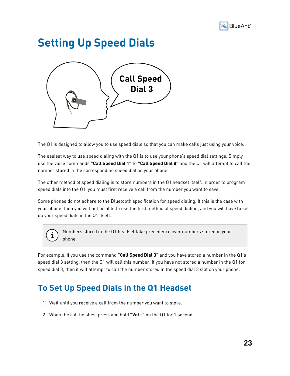 Setting up speed dials, To set up speed dials in the q1 headset | BlueAnt Q1 Voice Controlled Headset User Manual | Page 23 / 42