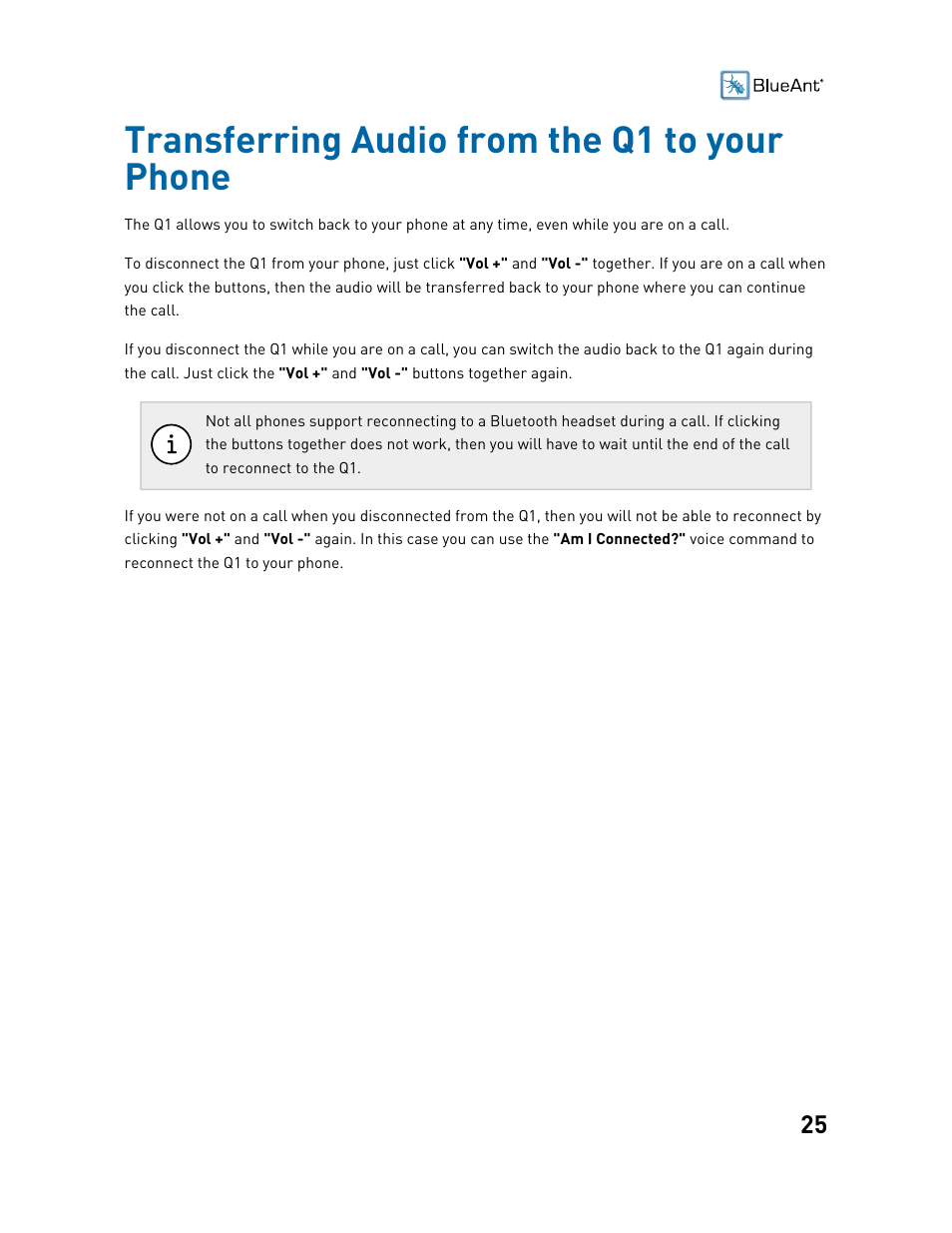 Transferring audio from the q1 to your phone | BlueAnt Q1 Voice Controlled Headset User Manual | Page 25 / 42