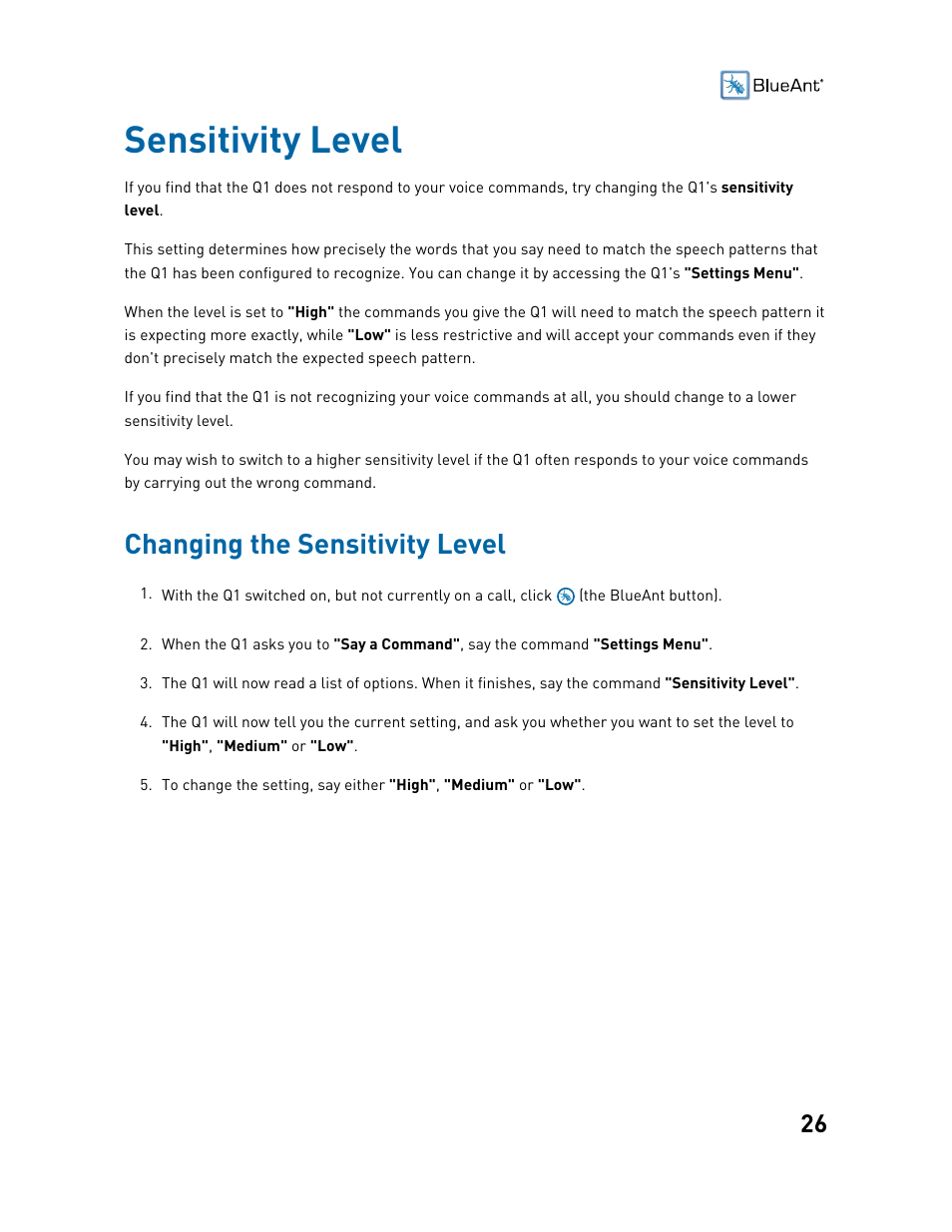 Sensitivity level, Changing the sensitivity level | BlueAnt Q1 Voice Controlled Headset User Manual | Page 26 / 42