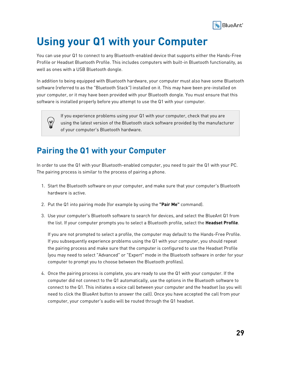 Using your q1 with your computer, Pairing the q1 with your computer, Skype | BlueAnt Q1 Voice Controlled Headset User Manual | Page 29 / 42