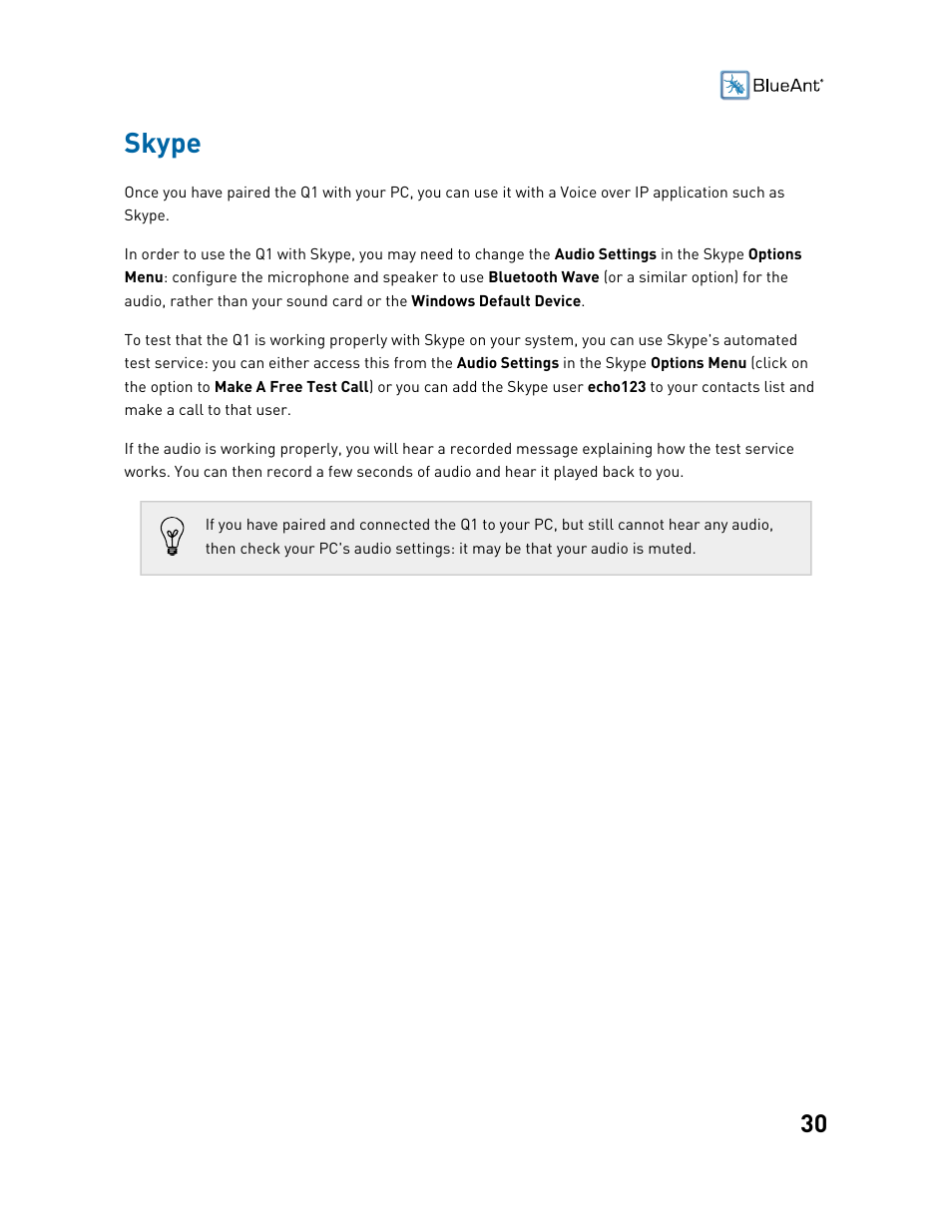 Skype | BlueAnt Q1 Voice Controlled Headset User Manual | Page 30 / 42