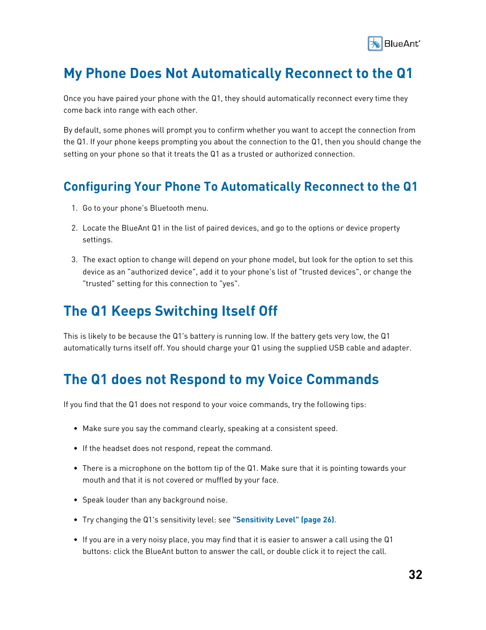 The q1 keeps switching itself off, The q1 does not respond to my voice commands | BlueAnt Q1 Voice Controlled Headset User Manual | Page 32 / 42