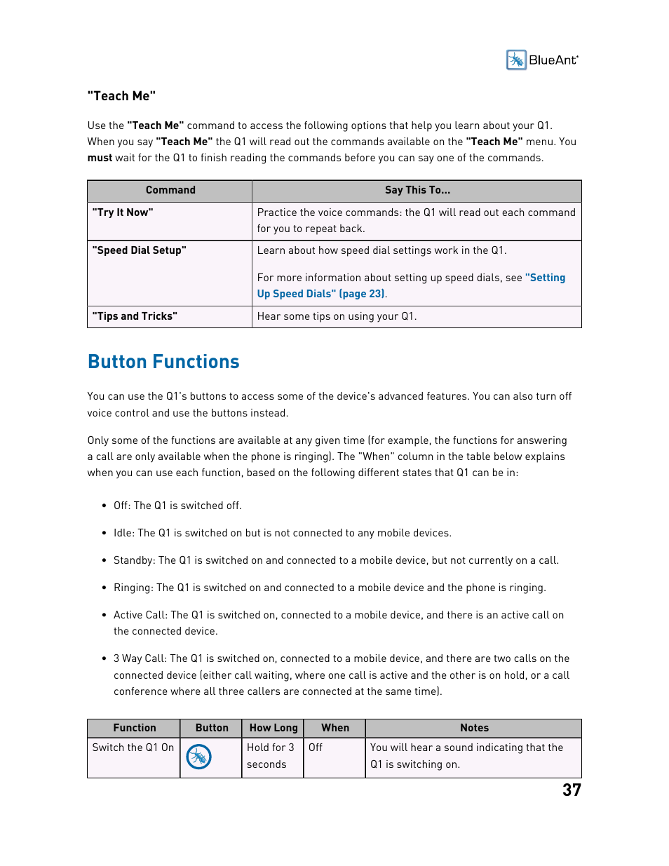 Button functions | BlueAnt Q1 Voice Controlled Headset User Manual | Page 37 / 42