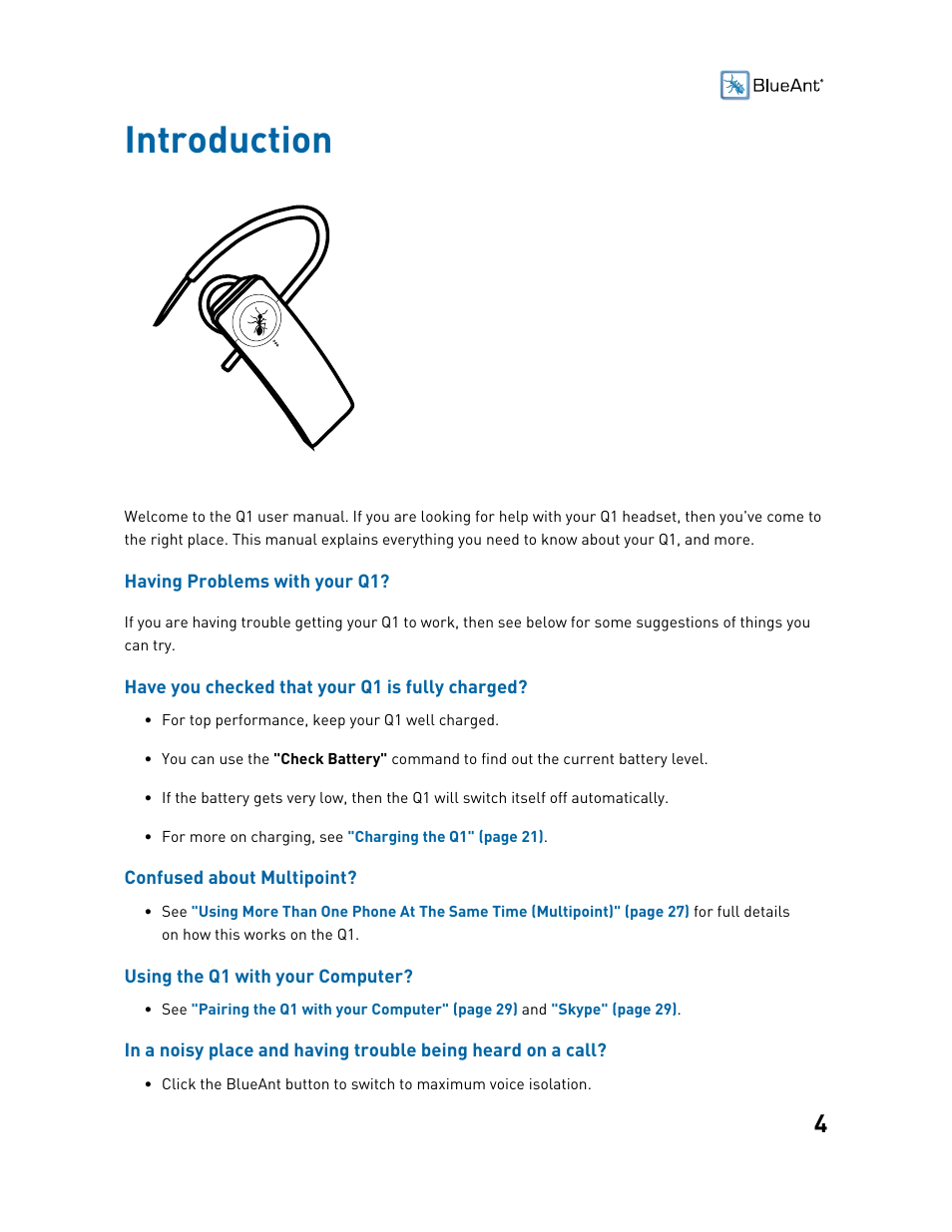 Introduction | BlueAnt Q1 Voice Controlled Headset User Manual | Page 4 / 42