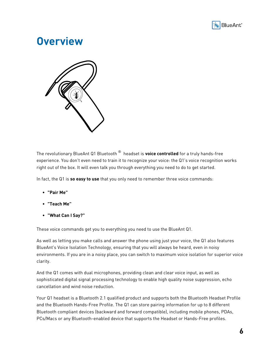 Overview | BlueAnt Q1 Voice Controlled Headset User Manual | Page 6 / 42